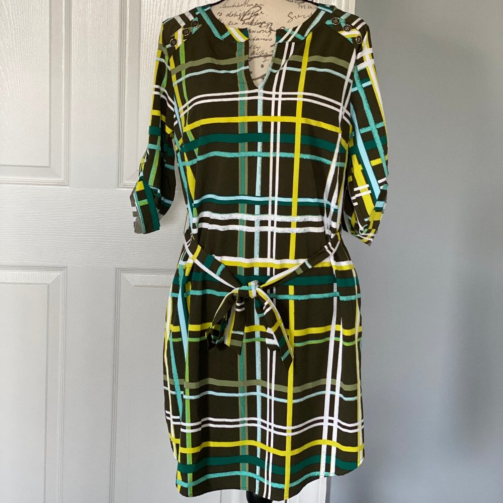 NY&C Plaid Button Accent Shirtdress, Woodland Grn